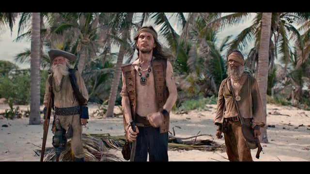 Video Reference: beach, palm trees, tropical, men, costume, pirates, sand, outdoors, adventure, standing, rustic clothing, beard, headband, sword, island, shores