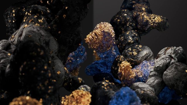 Video Reference: abstract, 3D render, organic shapes, textured, dark background, blue, gold, black, close-up, surreal, macro, digital art