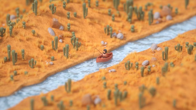 Video Reference: desert, river, boat, rowboat, cactus, arid landscape, miniature, diorama, stylized, outdoors, waterway, rocks, vivid colors, toy scene