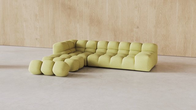 Video Reference: sofa, sectional, ottoman, tufted, green, modern, furniture, interior, minimalist, living room, wood wall, contemporary, design
