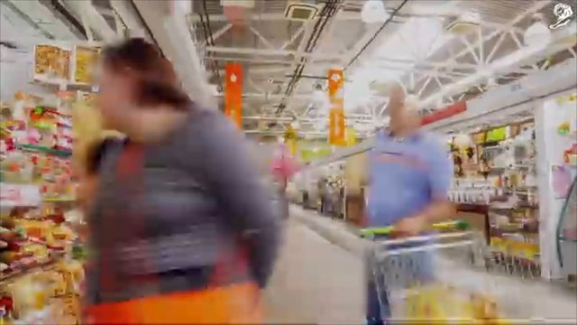Video Reference: supermarket, grocery store, aisle, shopping cart, shoppers, retail, indoor, blurred, motion blur, food products, store shelves, consumer