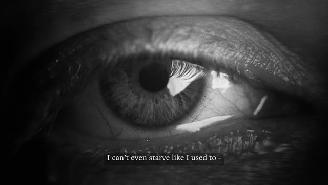 Video Reference: eye, close-up, black and white, portrait, iris, eyelashes, macro, human face, subtitles, monochrome, film still, dramatic lighting