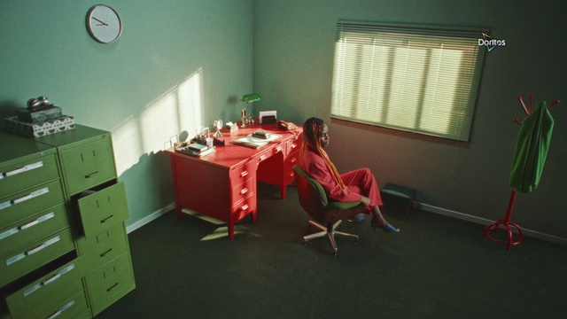 Video Reference: Furniture, Green, Window, Chair, Window blind, Interior design, Clock, Flooring, Floor, Cabinetry