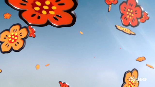 Video Reference: flowers, animated, cartoon, blue sky, floating, orange, pattern, decorative, background, watermark, playful, colorful