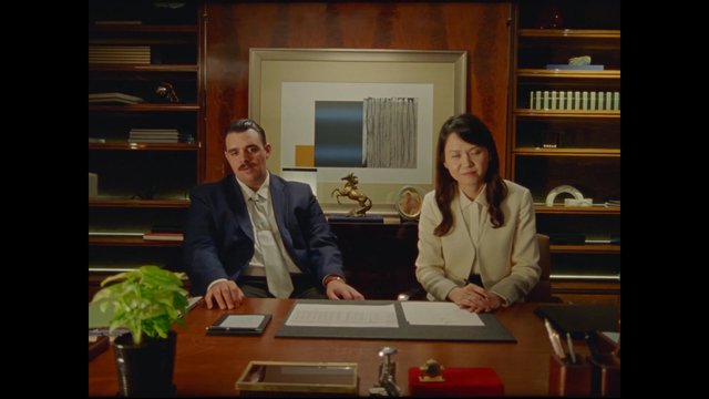 Video Reference: office, interior, two people, desk, business, meeting, formal attire, bookshelves, framed art, seated, professional, indoor, workplace, documents, warm lighting