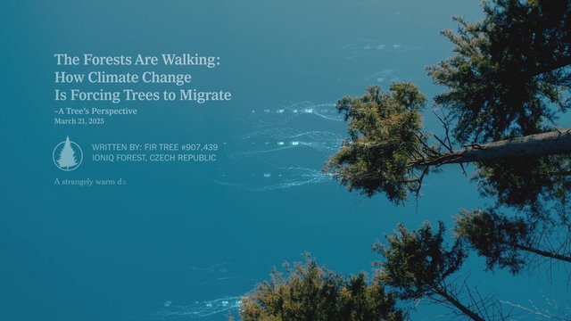 Video Reference: forest, trees, sky, climate change, title card, documentary, nature, text overlay, outdoors, migration, ecology, blue background