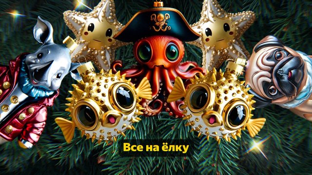 Video Reference: festive, ornaments, Christmas tree, pine branches, sea creature, octopus, fish, dog, cartoon, decorative, holiday, Russian text, graphic design, colorful, toy, winter
