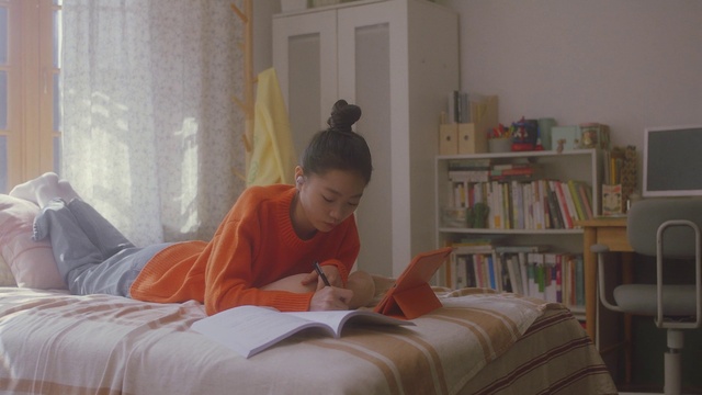 Video Reference: Furniture, Shelf, Comfort, Bookcase, Orange, Wood, Window, Book, Flooring, Publication