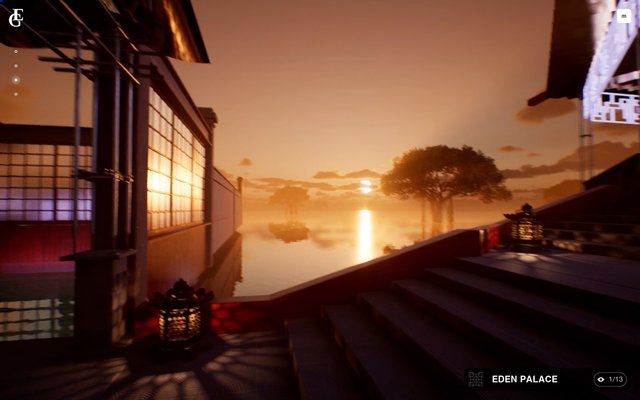 Video Reference: sunset, palace, terrace, stairs, lanterns, water, reflection, trees, traditional architecture, glowing windows, orange sky, serene, lake, evening, interior exterior