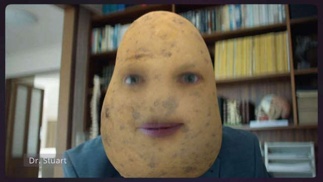 Video Reference: close-up, person, face covering, potato costume, indoor, bookshelf, home office, portrait, conversation, fictional, mask, lower third