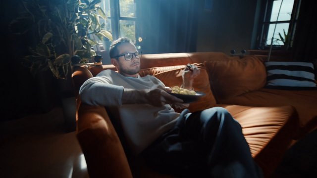Video Reference: man, sofa, living room, interior, snack, remote control, glasses, sunlight, home, relaxing, couch, leather sofa, casual, plant, window, lounge