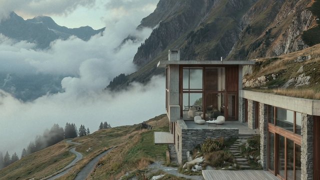 Video Reference: mountain, house, modern architecture, hillside, valley, clouds, fog, alpine, landscape, cabin, stone, wood, panoramic, luxury, nature, remote