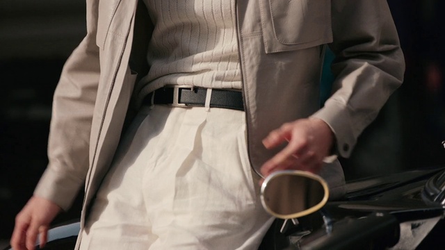 Video Reference: Dress shirt, Sleeve, Workwear, Gesture, Waist, Collar, Street fashion, Eyewear, Tartan, Bag