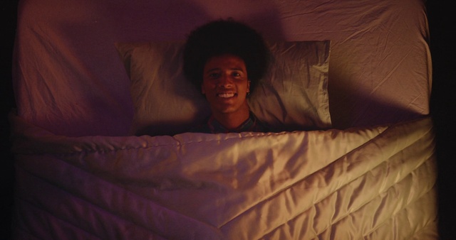 Video Reference: Comfort, Textile, Flash photography, Smile, Pillow, Wood, Tints and shades, Bed, Linens, Hardwood