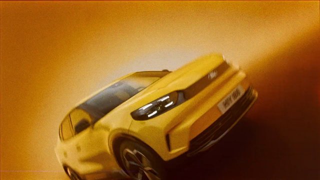 Video Reference: sports car, yellow car, automobile, close-up, motion blur, dynamic angle, warm lighting, orange background, vehicle, speed, stylized, advertising