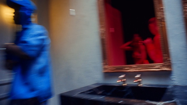 Video Reference: Blue, Standing, Wood, Gas, Tints and shades, Magenta, Electric blue, Fashion design, Flooring, Glass