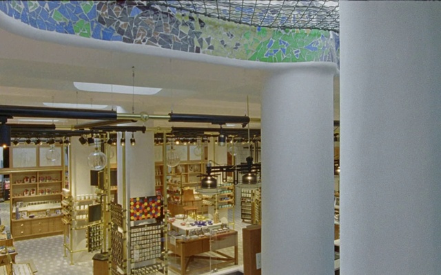 Video Reference: Shelf, Building, Interior design, Shelving, Table, Chair, Retail, Wood, Ceiling, Room