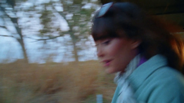 Video Reference: Wood, Happy, Grass, Street fashion, Forest, Eyewear, Bangs, Electric blue, Fur, Brown hair