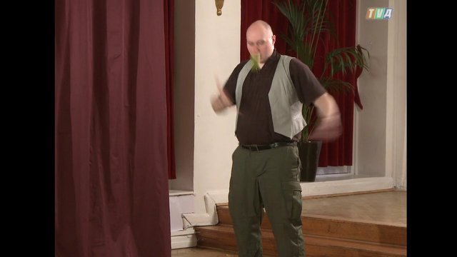 Video Reference: man, indoor, stage, performance, motion, curtains, plant, room, standing, gesture, casual, interior, video frame, entertainment