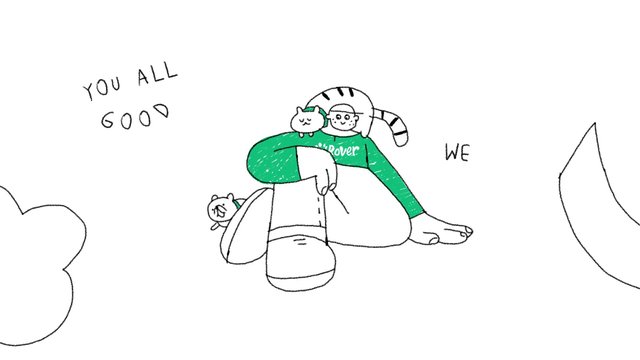 Video Reference: hand-drawn, cartoon, illustration, person, cats, green sweater, white background, sketch, minimal, handwritten text, cute, simple, digital art
