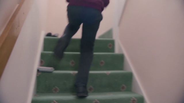Video Reference: Jeans, Stairs, Sleeve, Waist, Knee, Thigh, Floor, Flooring, Wood, Sportswear