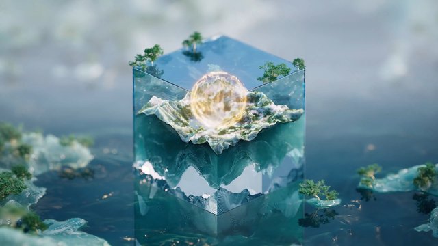 Video Reference: abstract, 3D render, transparent cube, miniature landscape, mountains, trees, water, reflection, glowing orb, fantasy, surreal, blue, nature, island, digital art, landscape