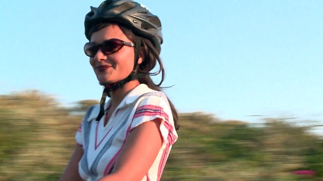 Video Reference: Bicycle helmet, Hair, Glasses, Face, Sky, Head, Bicycles--Equipment and supplies, Smile, Helmet, Vision care