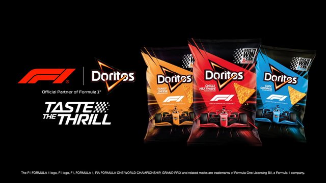 Video Reference: Doritos, Formula 1, F1, snack, chips, promotional graphic, brand partnership, race theme, packaging, logo, advertisement, black background, colorful bags, spicy chips, tortilla chips