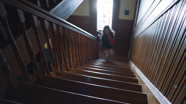 Video Reference: Stairs, Wood, Fixture, Hardwood, Flooring, Handrail, Symmetry, Metal, Composite material, Baluster