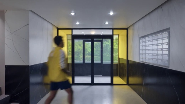Video Reference: Shorts, Fixture, Door, Window, Interior design, Floor, Flooring, Building, Hall, Glass