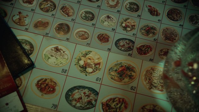 Video Reference: restaurant menu, food menu, printed menu, dishes, prices, grid, close-up, tilted, indoor, table, food photos, menu page, cuisine, paper, restaurant