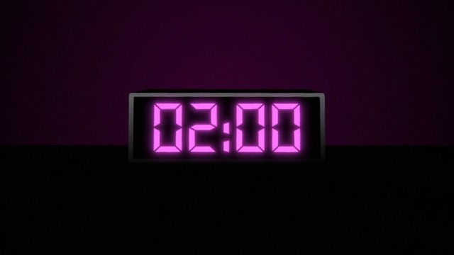 Video Reference: digital timer, clock, countdown, 02:00, glowing display, pink, purple background, dark, minimal, abstract, electronics, time, display