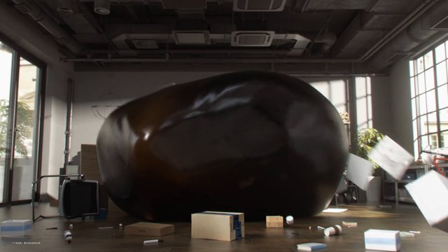 Video Reference: indoor, studio, large object, sphere, black, glossy, room, windows, boxes, papers, floor, modern interior, abstract, messy, product scene