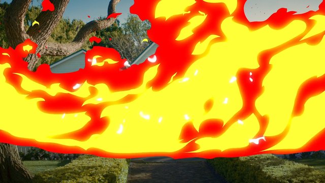 Video Reference: suburban house, front yard, trees, hedges, outdoor, fire effect, graphic overlay, residential, garden, daylight, landscape, animation, special effect