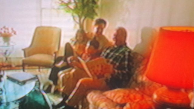 Video Reference: living room, people, couch, indoor, home interior, family, conversation, armchair, coffee table, lamp, blurred, warm light