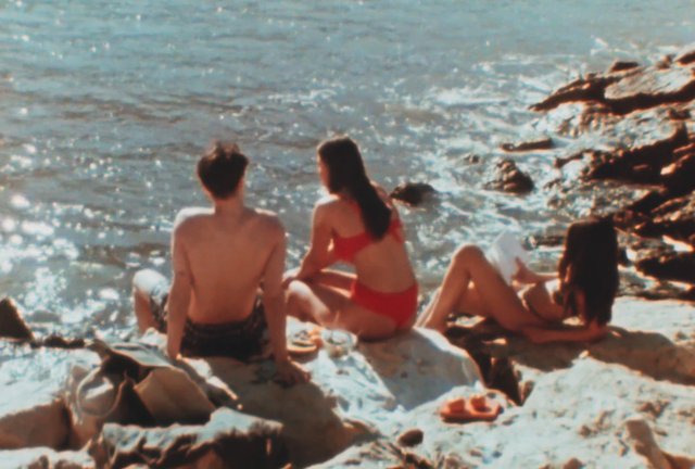 Video Reference: beach, ocean, rocks, swimwear, people, summer, relaxing, seaside, shoreline, outdoors, vacation, group, water, sunlight