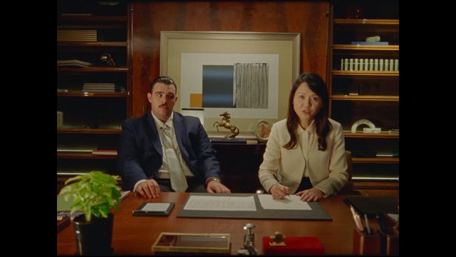 Video Reference: office, business, meeting, two people, desk, interior, professional, formal attire, bookshelves, framed art, paperwork, portrait, workplace, indoors