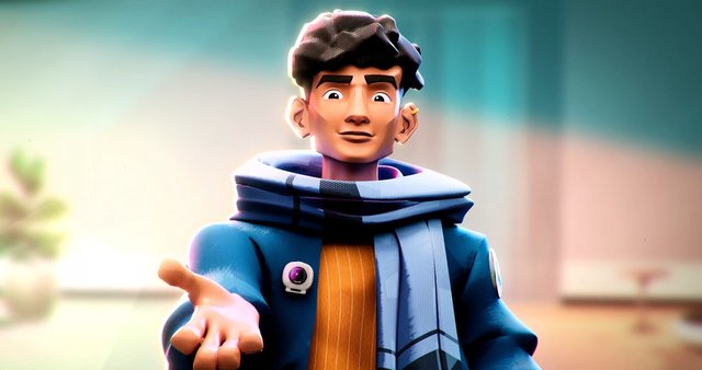Video Reference: 3D animation, animated character, young man, portrait, reaching hand, blue jacket, scarf, outdoor, blurred background, cartoon, stylized, close-up, front view