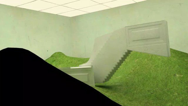 Video Reference: indoor, room, door, ceiling, abstract, green, sloped, terrain, stairs, wall, interior, minimal, surreal, obscured