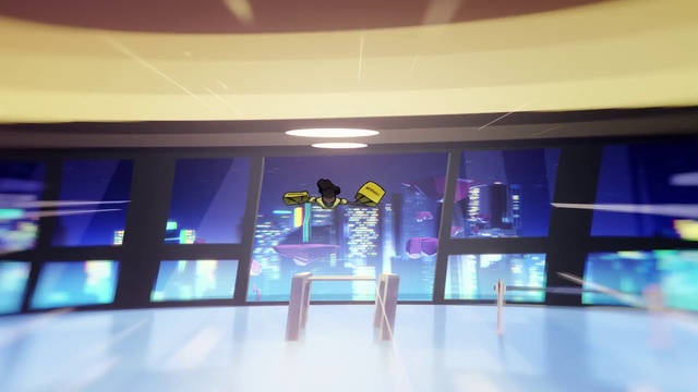 Video Reference: Ceiling, Tints and shades, Flooring, Electric blue, Glass, Display device, Space, Facade, Neon, Transparent material