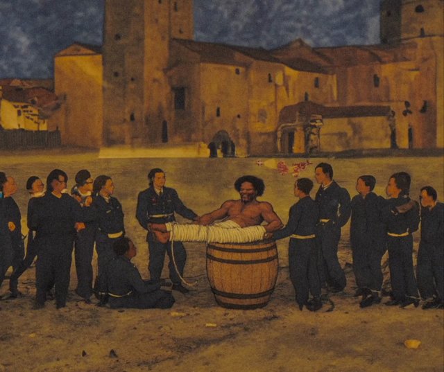 Video Reference: painting, courtyard, group, uniform, barrel, bound, man, historical, buildings, night, outdoor, scene, artwork, figures, assembly