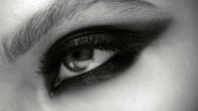 Video Reference: Eyebrow, Eye, Facial expression, Eyelash, Iris, Mammal, Grey, Tints and shades, Monochrome photography, Close-up