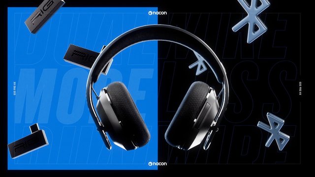 Video Reference: headphones, gaming headset, product image, blue background, black background, split background, over-ear, audio, Nacon, advertisement, stylized, floating shapes, tech, accessory
