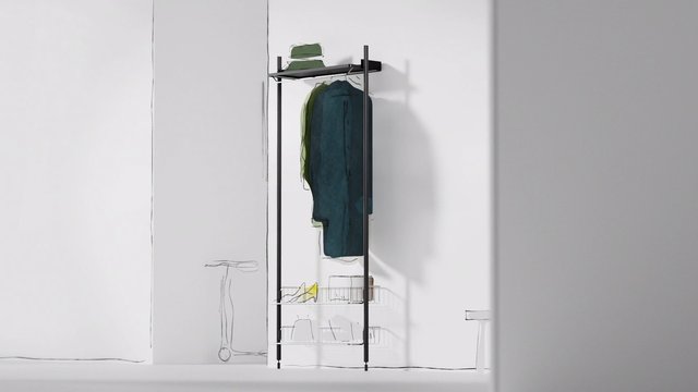 Video Reference: clothing rack, wardrobe, hanging clothes, minimalist interior, white wall, home storage, fashion, organization, shelf, apartment, indoor, simple design