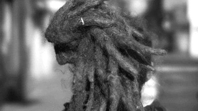 Video Reference: black_and_white, close_up, hair, dreadlocks, person, back_view, portrait, blurred_background, street, monochrome