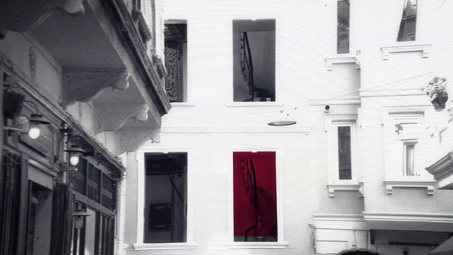 Video Reference: Property, Building, Window, Rectangle, Fixture, Grey, Wood, Black-and-white, Material property, Facade