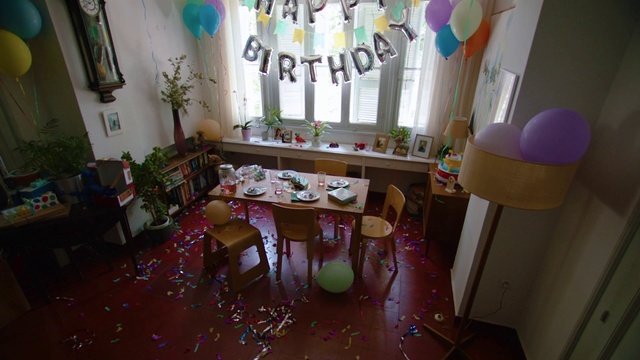 Video Reference: Table, Decoration, Purple, Houseplant, Textile, Lighting, Interior design, Chair, Balloon, Toy