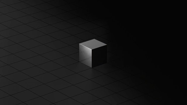 Video Reference: cube, metallic, abstract, dark, tiled floor, minimalism, 3d render, shadow, geometry, single object, studio lighting
