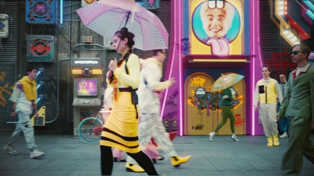 Video Reference: Footwear, Shoe, Purple, Fashion, Entertainment, Performing arts, Pink, Fun, Umbrella, Leisure