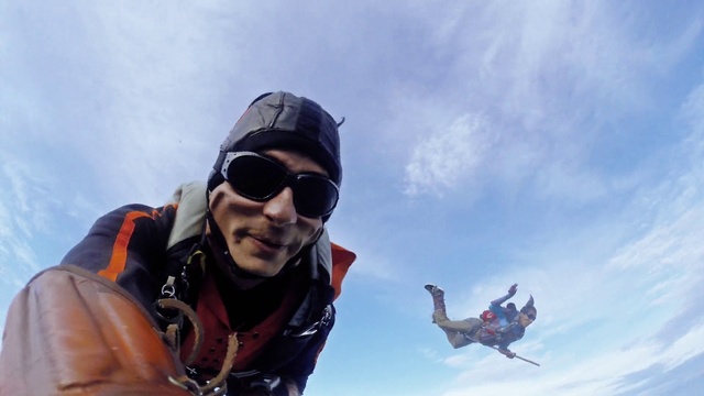 Video Reference: Tandem skydiving, Glasses, Cloud, Sky, Goggles, Glove, Sunglasses, Helmet, Vision care, Eyewear